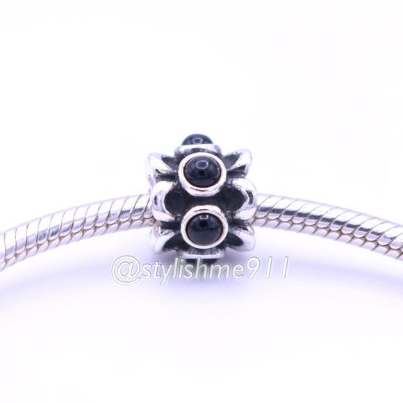 Authentic PANDORA Sterling Silver Forget Me Not Onyx Charm - 790470O - Picture 4 of 10
